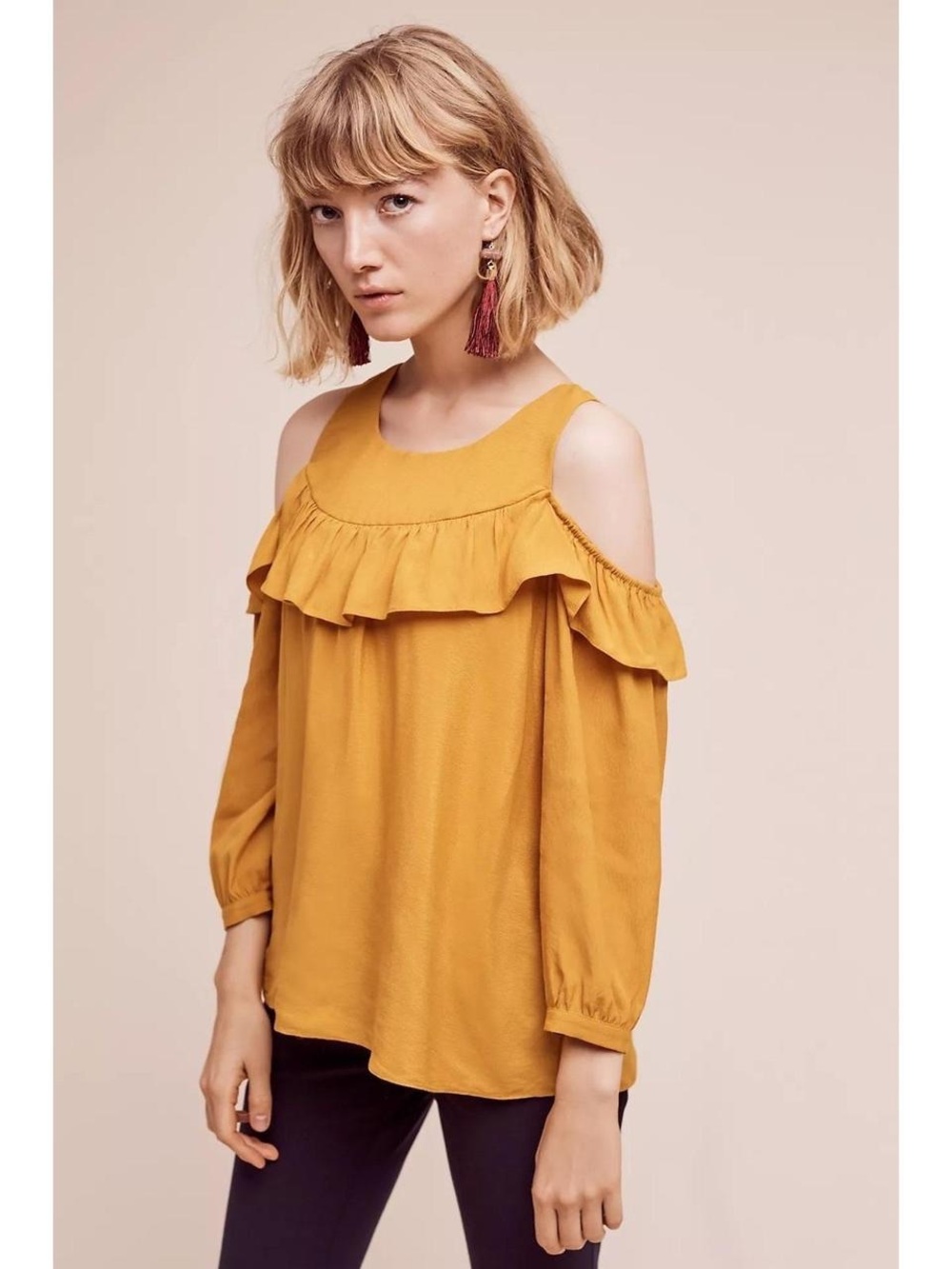 Mauve Mustard Cold-Shoulder Ruffle Top - Picture 2 of 3
